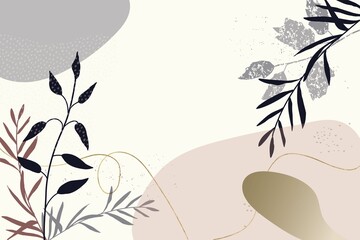 Abstract floral background with botanical elements. Pattern with gold texture lines, minimalist, vintage style, hand drawn. Poster, room interior decor, design textiles, postcard, concept, Vector