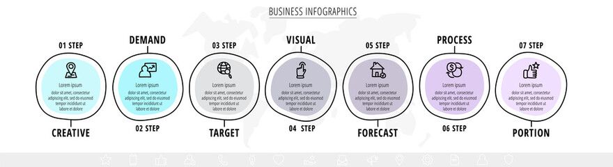 Vector minimal line infographics with circles. Hand-drawn business timeline 7 steps by step. Flat template with seven ways for chart, diagram, flowchart, app
