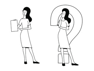 happy girl with paper and thinking girl on the white background