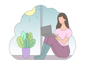 A freelance girl or a student is sitting at home on the window sill with a laptop. The concept of a home office or online training. Vector