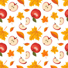 Obraz na płótnie Canvas Autumn seamless pattern with maple leaves and red apples. Harvest and fall print