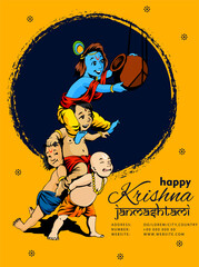 Celebrating happy Janmashtami festival of India with llustration of Lord Krishna with text in Hindi meaning 'Krishan Janmashtami'- vector background
