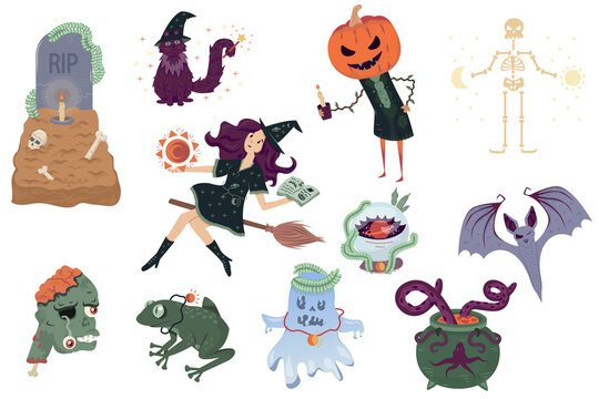 Halloween stickers set. Vector illustration of a witch, cat, undead, pumpkin, magic ball for banner, logo, icon.