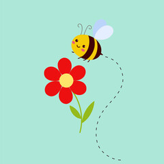 Flying Bee with Red Flower in Cartoon Style. Honeybee Character with Smile. Summer wallpaper. . Vector Illustration.