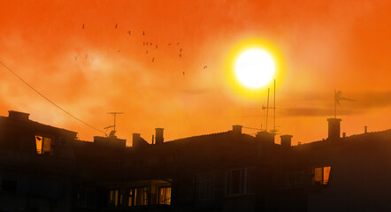 sun in scorching summer day in heat wave, hot weather in city