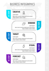 Business line vector infographics with five labels. Timeline visualization with 5 steps for diagram, flowchart, presentations, web, content, levels, chart, graphic