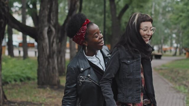 Slowmo medium shot of happy African-American woman surprising her Caucasian girlfriend with bouquet of daises in park