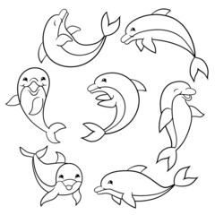 Set of funny dolphins, coloring page
