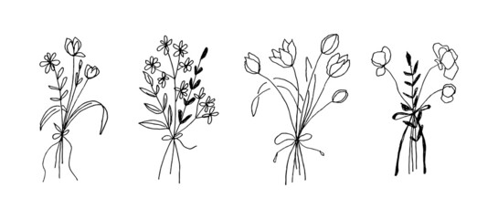 Black line flowers bouquet. Vector hand drawn floral illustrated in black and white.