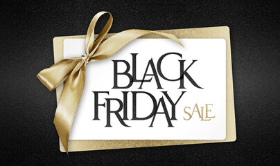 White gift card with golden ribbon bow and black friday sale text, isolated on black background...