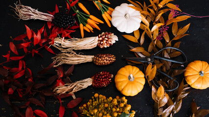 Autumn style harvest flat lay: miniature pumpkins, decorative corn, peppers and yellow leaves on the black wooden table background, top view, flat lay 