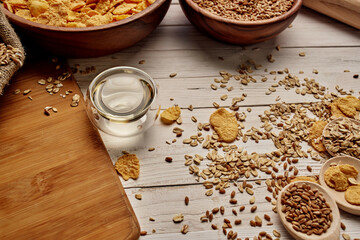 wooden tableware healthy breakfast view from above