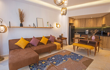 Interior design of luxury apartment living room with kitchen