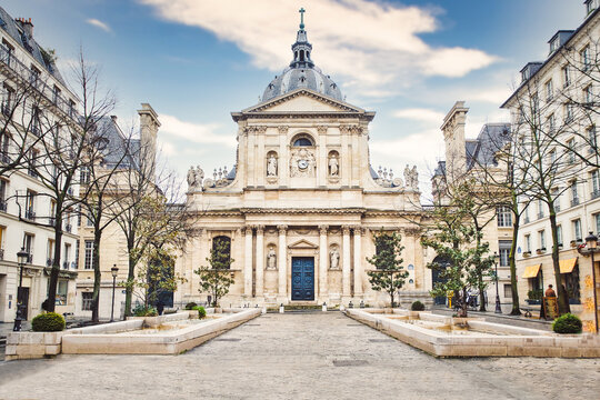 Facade of old historical building of Sorbonne University in Paris