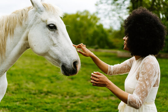 Black woman caressing gray horse in countryside
