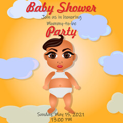 cute black baby birthday invitarion card. Baby shower party. little child with cloud in background