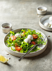 Salad with mozzarella, cherry, arugula and seeds on a plate with lemon on textured background