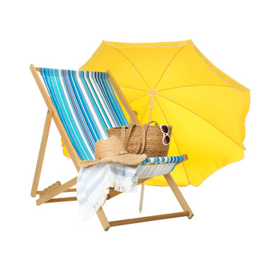 Open Yellow Beach Umbrella, Deck Chair And Accessories On White Background