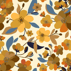 Vector seamless autumn flower pattern with yellow bouquets, branches, leaves, buds. Botanical ornamental flowering plant pattern. Drawn colorful endless background, print