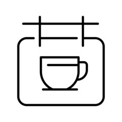 Monochrome simple coffee sign icon vector illustration. Linear hanging street signboard with cup