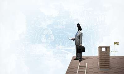 Concept of home security and privacy protection with camera headed man
