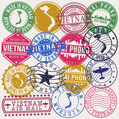 Haiphong, Vietnam Set of Stamps. Travel Stamp. Made In Product. Design Seals Old Style Insignia.