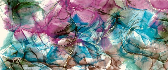 Abstract alcohol ink background with tender gold veins, liquid texture, fluid wallpaper design, for brochure and covers