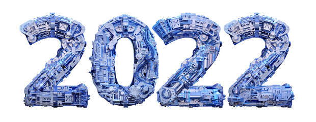 2022 new year numbers consisting engineering device machine parts techno concept. Happy New Year 2022 3D logo text as complex tech mechanism. Greeting card, poster, banner, calendar background design