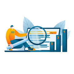 A man uses a magnifying glass to view and analyze the search results of sites. Vector illustration on the topic of SEO and website promotion on the Internet.