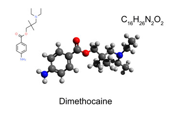 Chemical formula, skeletal formula and 3D ball-and-stick model of local ester anesthetic dimethocaine, white background