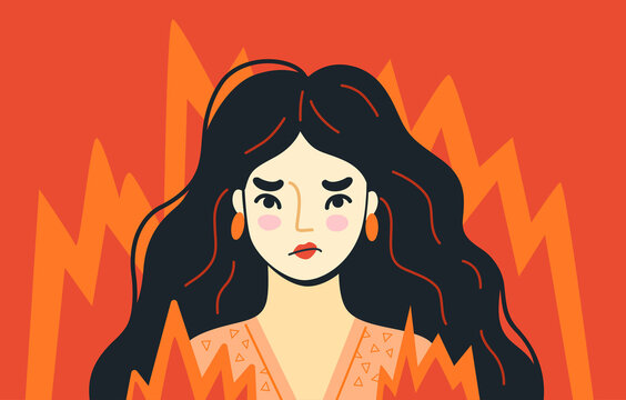 Angry furious woman surrounded by fire. Overworked person on the verge of psychological breakdown. Stressed irritated character. Vector hand-drawn illustration