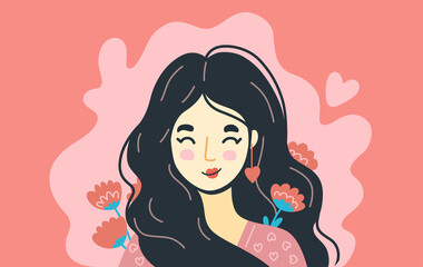 Happy smiling woman in love. Cartoon portrait and avatar of young woman with pink flowers. Flat hand-drawn vector illustration