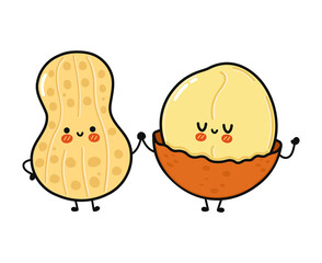 Cute, funny happy peanut and macadamia character. Vector hand drawn cartoon kawaii characters, illustration icon. Funny cartoon peanut and macadamia friends concept