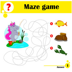 Maze game for children. The unicorn has caught a fish, a boot or a lobster with a fishing rod