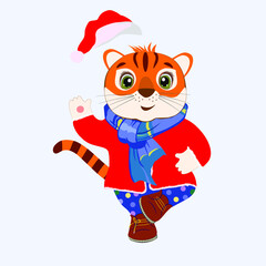 Funny tiger cub in a red jacket and pants