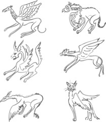 Vector doodle contour drawings of various mythological animals