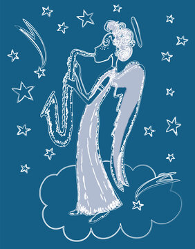 Vector outline deawing of angel playing trumpet  on cloud in starry sky