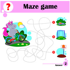 Maze game for children. A unicorn rides a bicycle to a picnic, playground or sports field