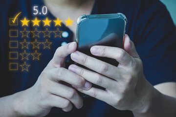 Customer review good rating concept, customer review by five star feedback, positive feedback.