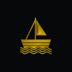 Boat gold plated metalic icon or logo vector