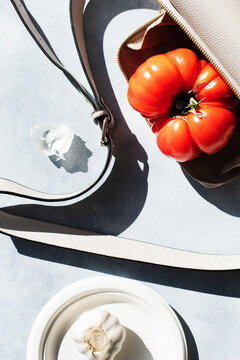 Overhead view of tomato and garlic