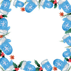 Watercolor christmas frame for design. Free space for text. Spruce branches and red warm mittens. Template for invitation cards.
