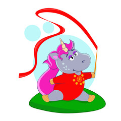 Cartoon unicorn gymnast with ribbon sitting leg-split