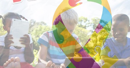 Animation of colorful puzzle pieces ribbon over happy playing children - Powered by Adobe