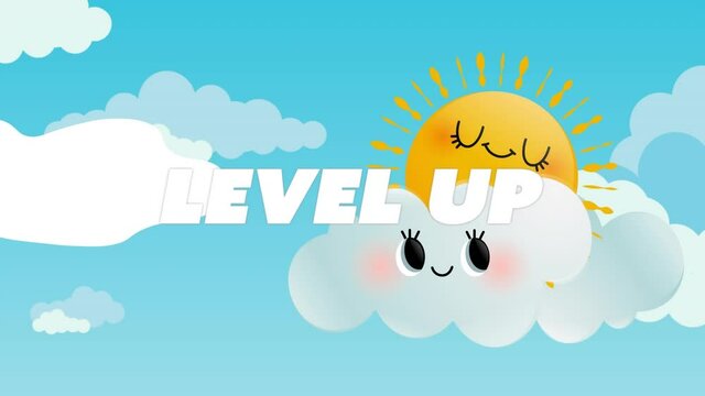 Animation of level up text over blue sky and sun