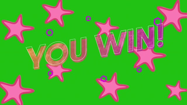 Animation of you win text over pink stars