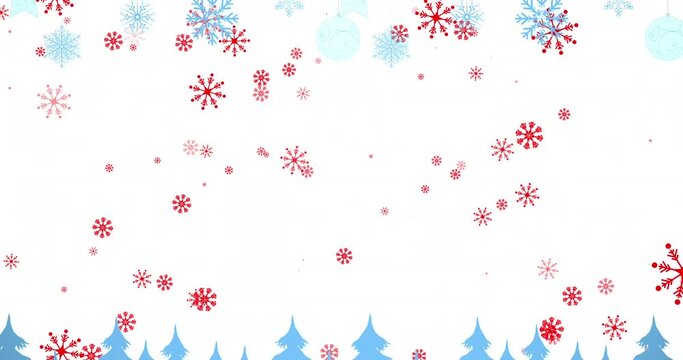 Animation of snow falling over christmas trees and decorations