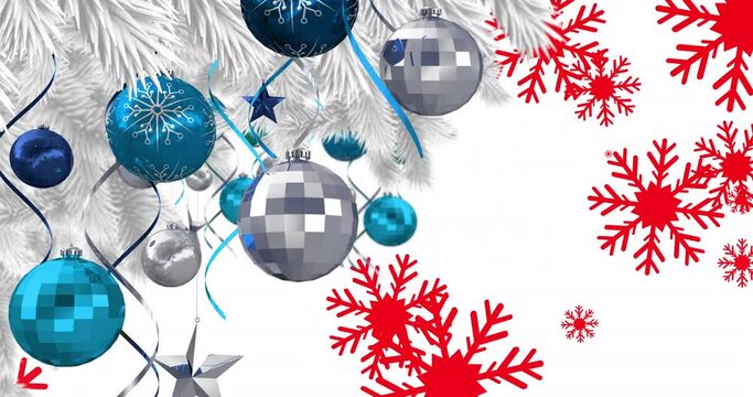 Animation of snow falling over christmas decoration with baubles