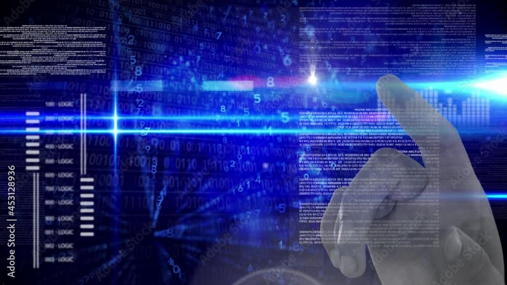 Poster animation of hand over data processing and binary coding