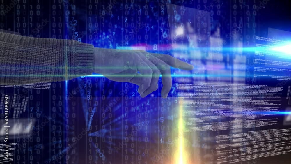 Poster animation of hand over data processing and binary coding